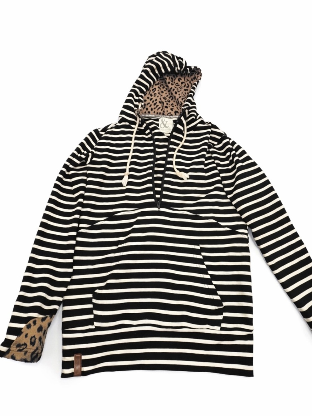 AMPERSAND AVE Black and Cream Striped Hooded Pullover with Leopard Lining